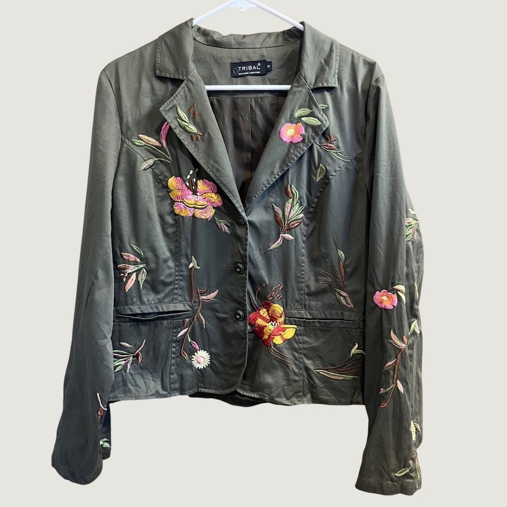 Tribal Floral Embroidered Blazer Women 12 Olive Green Cotton Utility Jacket